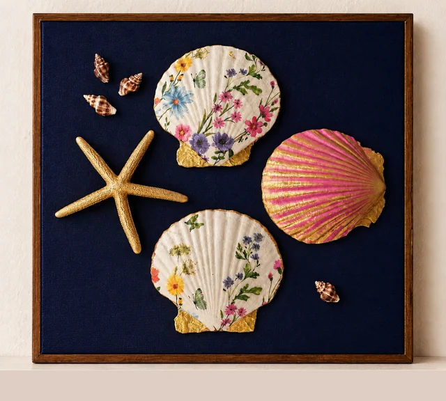Seaside Garden shell wall art on navy canvas